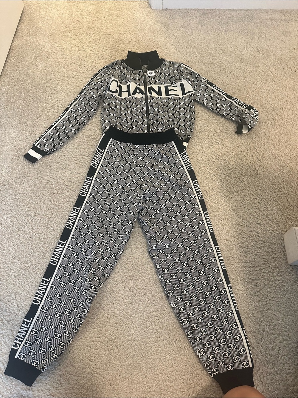 CHANEL Black & White Logo Track Pants and Jacket Set